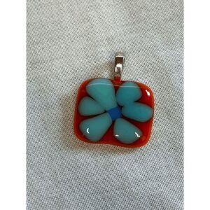 Fused Glass Pendant, Orange/Blue Flower, No Chain